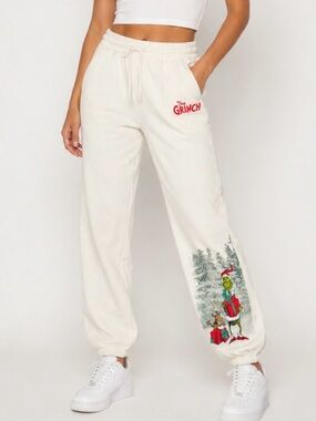 The Grinch White Graphic Joggers elastic waist pockets Christmas SZ SM